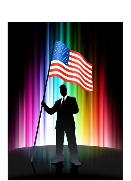 추상적인 스펙트럼 배경에 사업가와 미국 국기 — 스톡 벡터