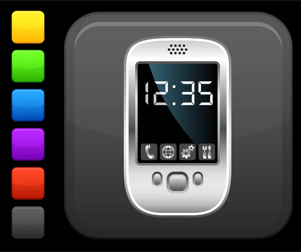 Icono del teléfono celular moderno en el botón cuadrado de Internet — Vector de stock