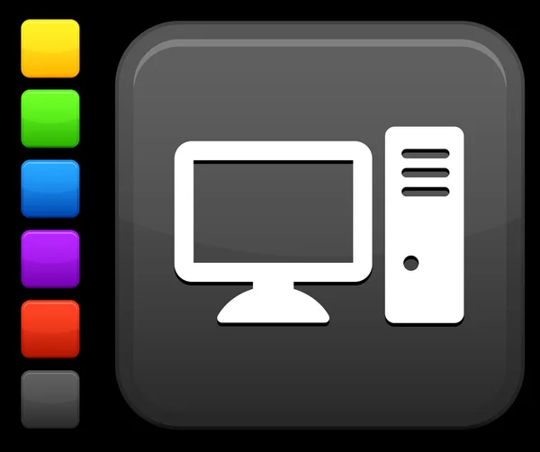 Icono del ordenador de escritorio en el botón cuadrado de Internet — Vector de stock