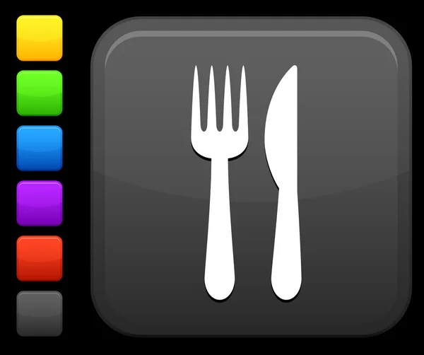Cuchillo y tenedor icono en el botón cuadrado de Internet — Vector de stock