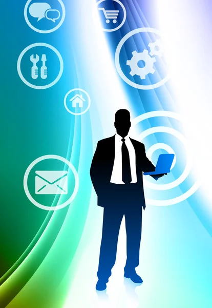 Uomo d'affari con icone Internet su sfondo a colori astratto — Vettoriale Stock
