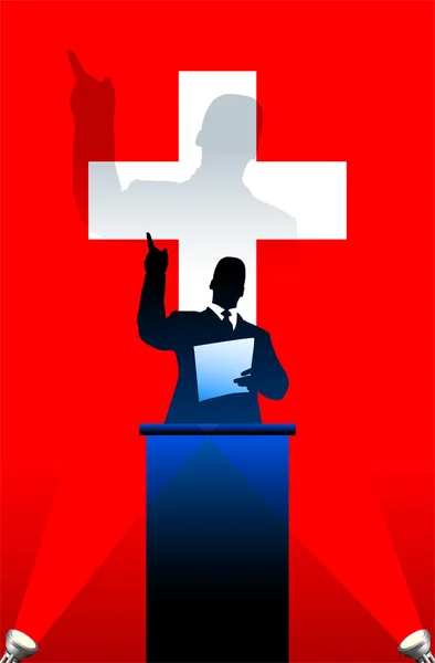 Drapeau suisse avec orateur politique derrière un podium — Image vectorielle