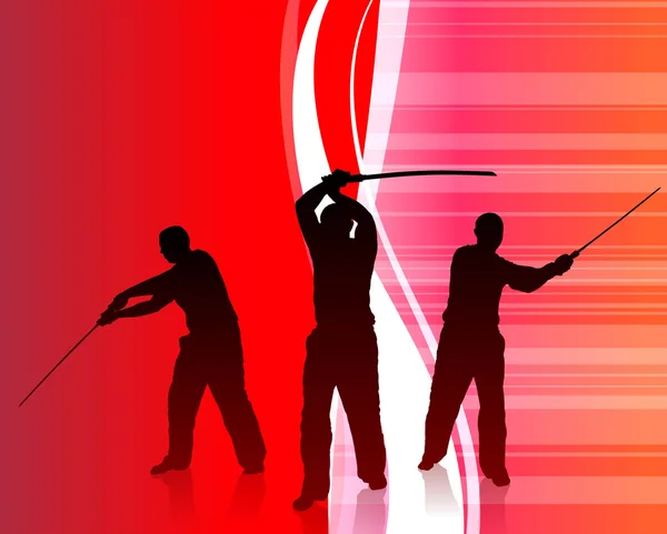 Karate sensei med svärd på abstrakt internet bakgrund — Stock vektor