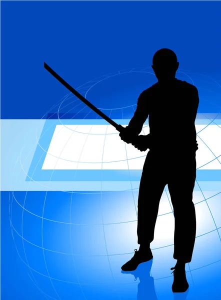 Karate mester karddal a háttérben kék üzleti — Stock Vector