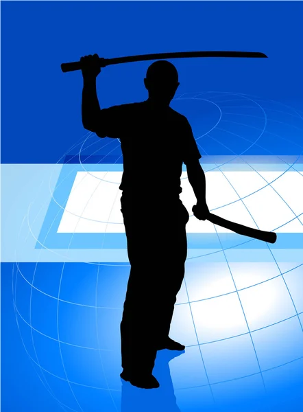 Karate sensei z mieczem na tle niebieski firmy — Wektor stockowy
