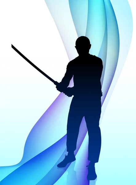 Karate sensei med svärd på abstrakt våg bakgrund — Stock vektor