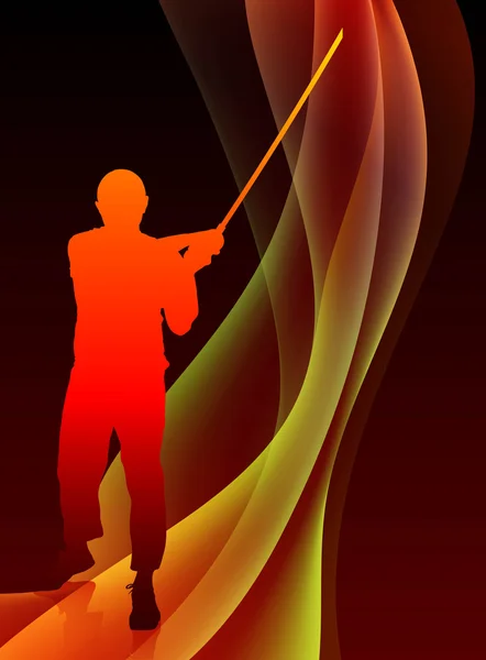 Karate Sensei con spada su sfondo astratto Blaze Wave — Vettoriale Stock