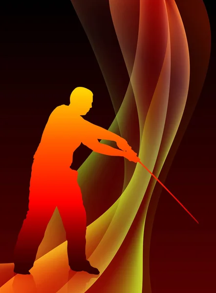 Karate Sensei con Espada en Abstracto Blaze Wave Fondo — Archivo Imágenes Vectoriales