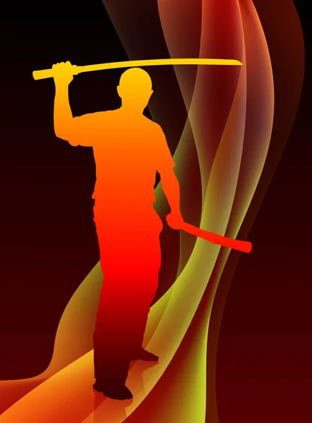 空手道老师用抽象的火焰波背景上的剑 — 图库矢量图片