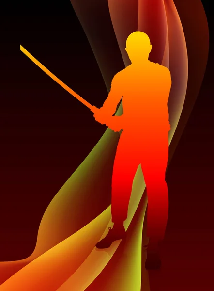 Karate Sensei con Espada en Abstracto Blaze Wave Fondo — Vector de stock
