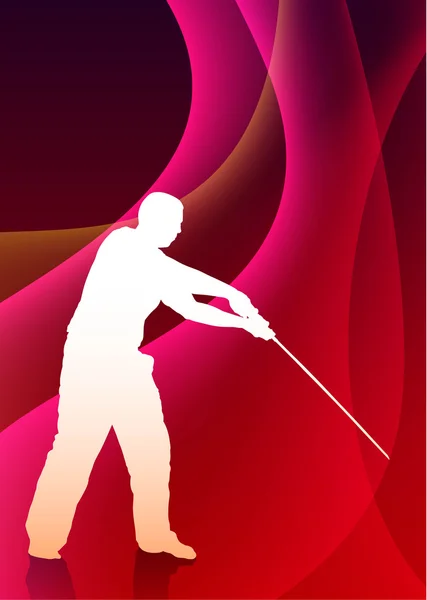 Karate Sensei mit Schwert auf abstraktem violettem Wellenhintergrund — Stockvektor