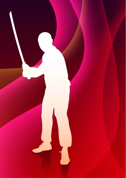 Karate sensei met zwaard op abstracte violet Golf achtergrond — Stockvector