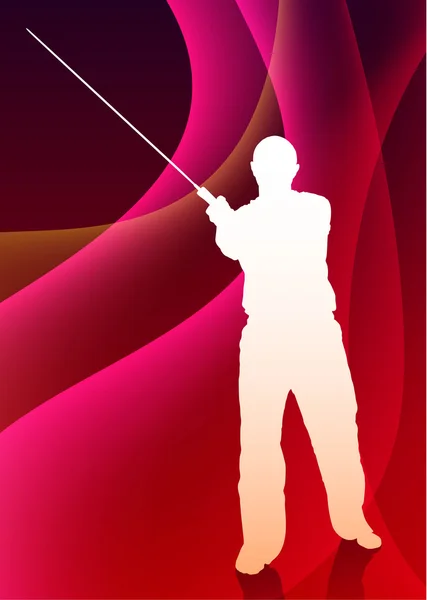 空手道老师用抽象的紫波背景上的剑 — 图库矢量图片