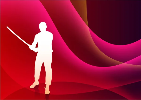 Karaté Sensei avec épée sur fond abstrait vague violette — Image vectorielle