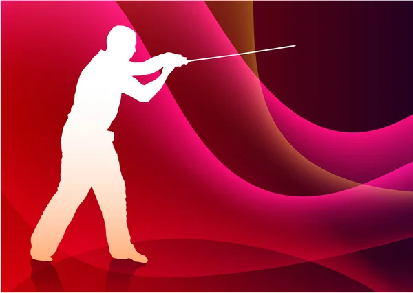 Karate sensei met zwaard op abstracte violet Golf achtergrond — Stockvector