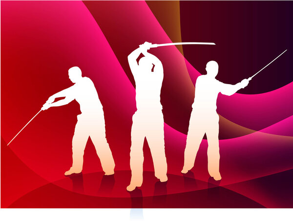 Karate Sensei with Sword on Abstract Violet Wave Background