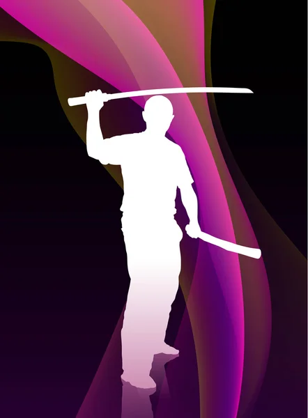 Sensei di karate con spada su sfondo ondulato viola fluente — Vettoriale Stock