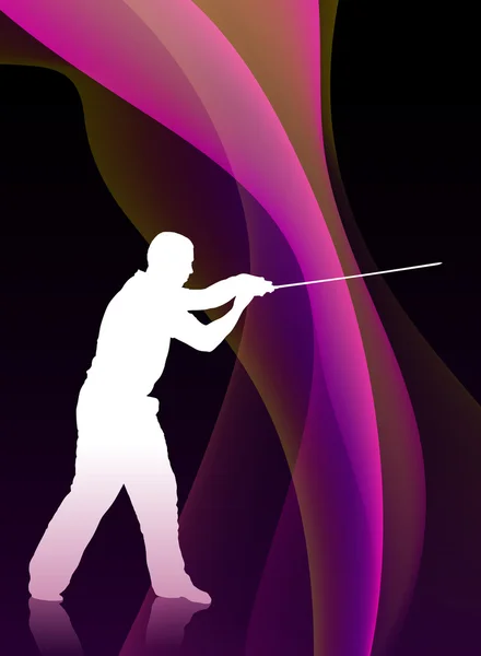 Karaté Sensei avec épée sur fond de vague violette qui coule — Image vectorielle