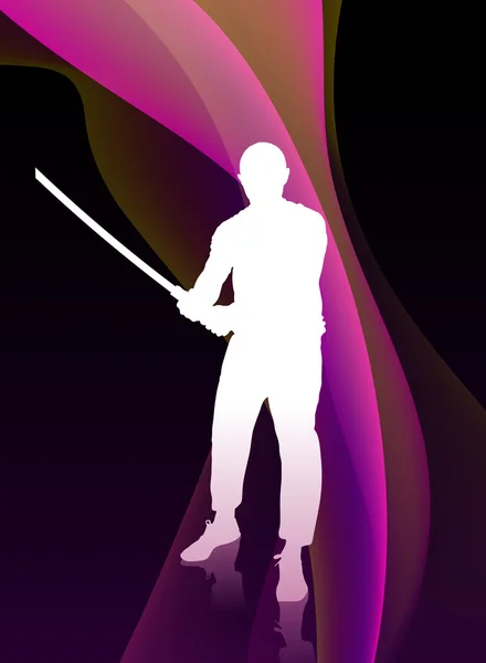 Karate sensei z mieczem na przepływające fioletowy fala tło — Wektor stockowy