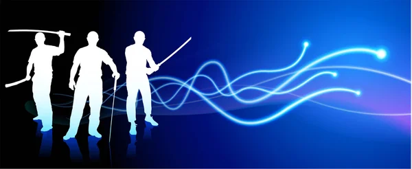 Karate senseie s mečem na světelné vlny pozadí — Stockový vektor