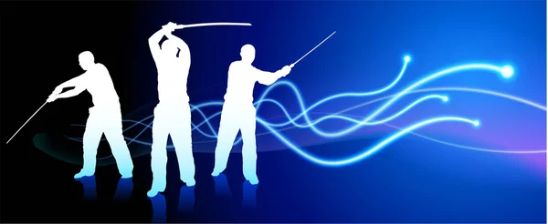 Karate sensei med svärd på ljusvåg bakgrund — Stock vektor