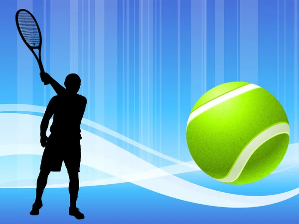 抽象蓝色波浪背景上的网球运动员 — 图库矢量图片