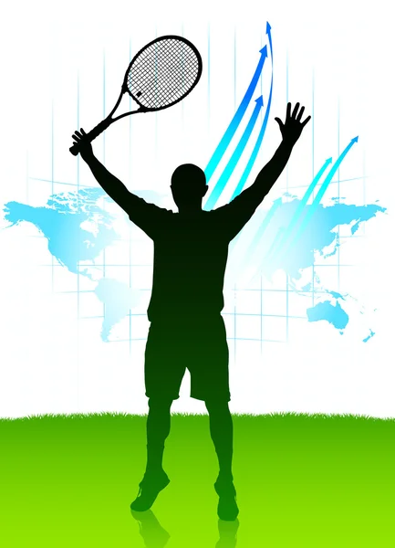 Παίκτης του τένις στο φόντο του χάρτη κόσμο — Διανυσματικό Αρχείο