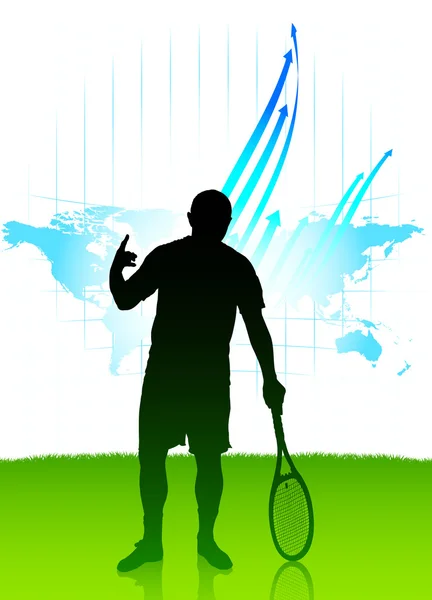 Giocatore di tennis su sfondo mappa del mondo — Vettoriale Stock
