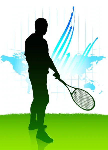 世界地図背景上のテニス選手 — ストックベクタ