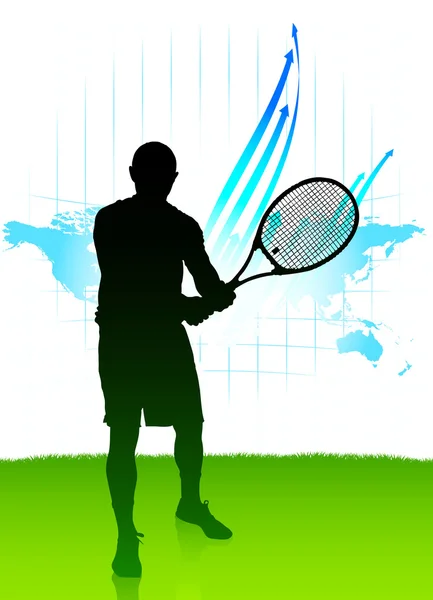 Tennisspieler auf Weltkarte Hintergrund — Stockvektor