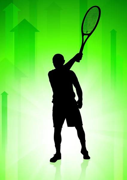 緑色の矢印の背景上のテニス選手 — ストックベクタ