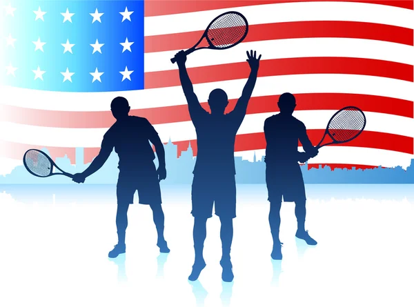 Jugadores de tenis con fondo de bandera de Estados Unidos — Vector de stock