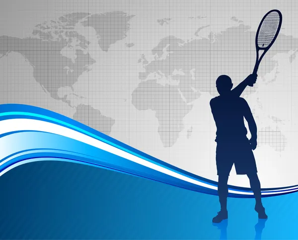 Giocatore di tennis su sfondo astratto blu con mappa del mondo — Vettoriale Stock