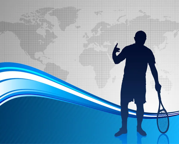 वर्ल नकाशासह अमूर्त ब्लू पार्श्वभूमीवर टेनिस खेळाडू — स्टॉक व्हेक्टर