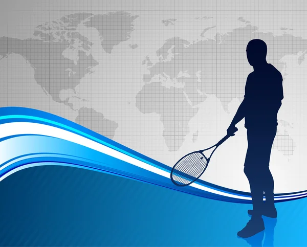 Παίκτης του τένις στο αφηρημένο μπλε φόντο με worl χάρτη — Διανυσματικό Αρχείο