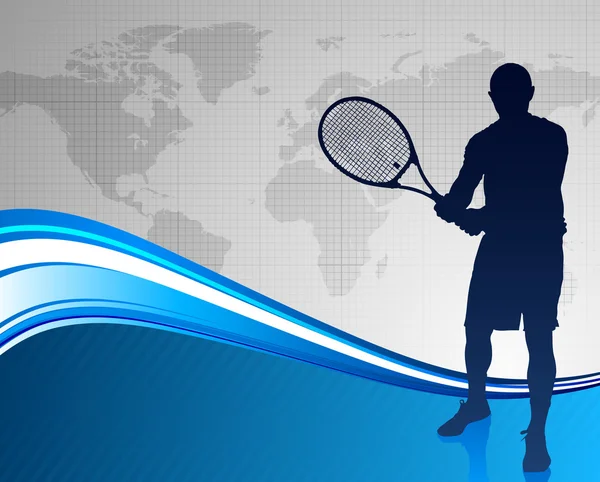 Tennis Player on Abstract Blue Background with Worl Map — Stock Vector