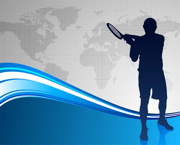 वर्ल नकाशासह अमूर्त ब्लू पार्श्वभूमीवर टेनिस खेळाडू — स्टॉक व्हेक्टर