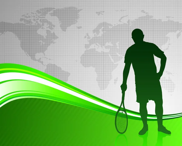 Giocatore di tennis su sfondo astratto verde con mappa del mondo — Vettoriale Stock