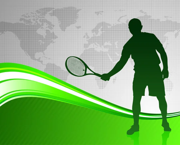 Joueur de tennis sur fond vert abstrait avec carte du monde — Image vectorielle