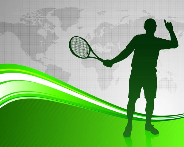 Jugador de tenis en Green Abstract Antecedentes con mapa del mundo — Vector de stock