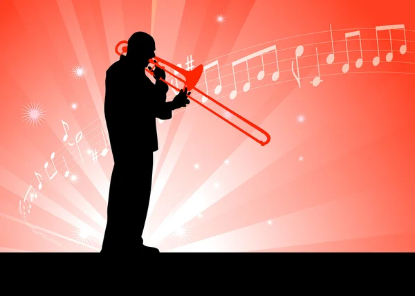 Músico de trompeta sobre fondo rojo con notas — Vector de stock