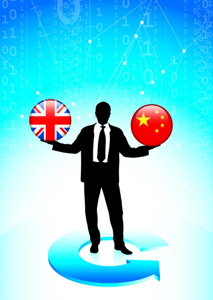 Businessman Holding china and British Internet Flag Buttons — Stock Vector