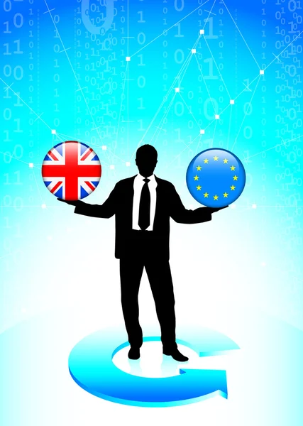 Businessman Holding British and european union Internet Flag But — Stock Vector