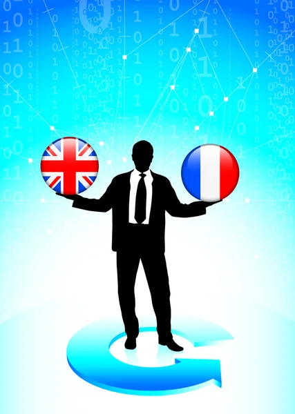 Homme d'affaires tenant des boutons de drapeau Internet britanniques et français — Image vectorielle