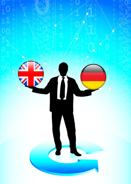 Empresário Segurando Botões de Bandeira da Internet britânicos e alemães — Vetor de Stock