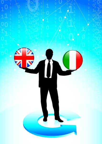 Affärsman håller brittiska och Italien internet flagga knappar — Stock vektor