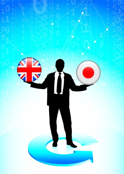Businessman Holding British and Japan Internet Flag Buttons — Stock Vector