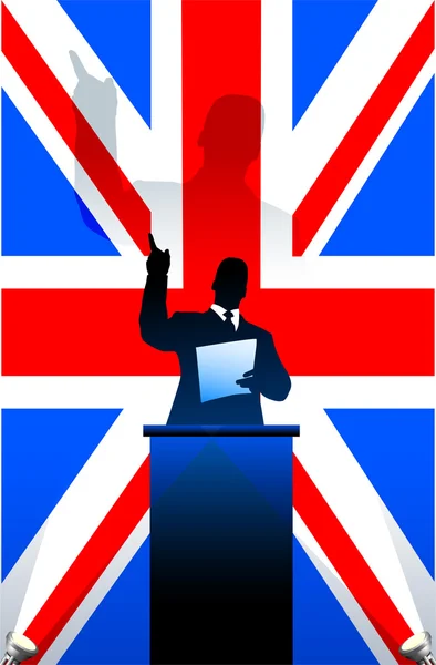 Bandiera britannica con oratore politico dietro un podio — Vettoriale Stock