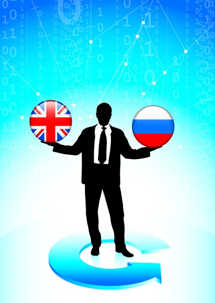 Businessman Memegang Inggris dan russia tombol Bendera Internet - Stok Vektor