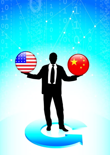 Επιχειρηματίας, κρατώντας τις Ηνωμένες Πολιτείες και η Κίνα στο Διαδίκτυο σημαία butto — Διανυσματικό Αρχείο